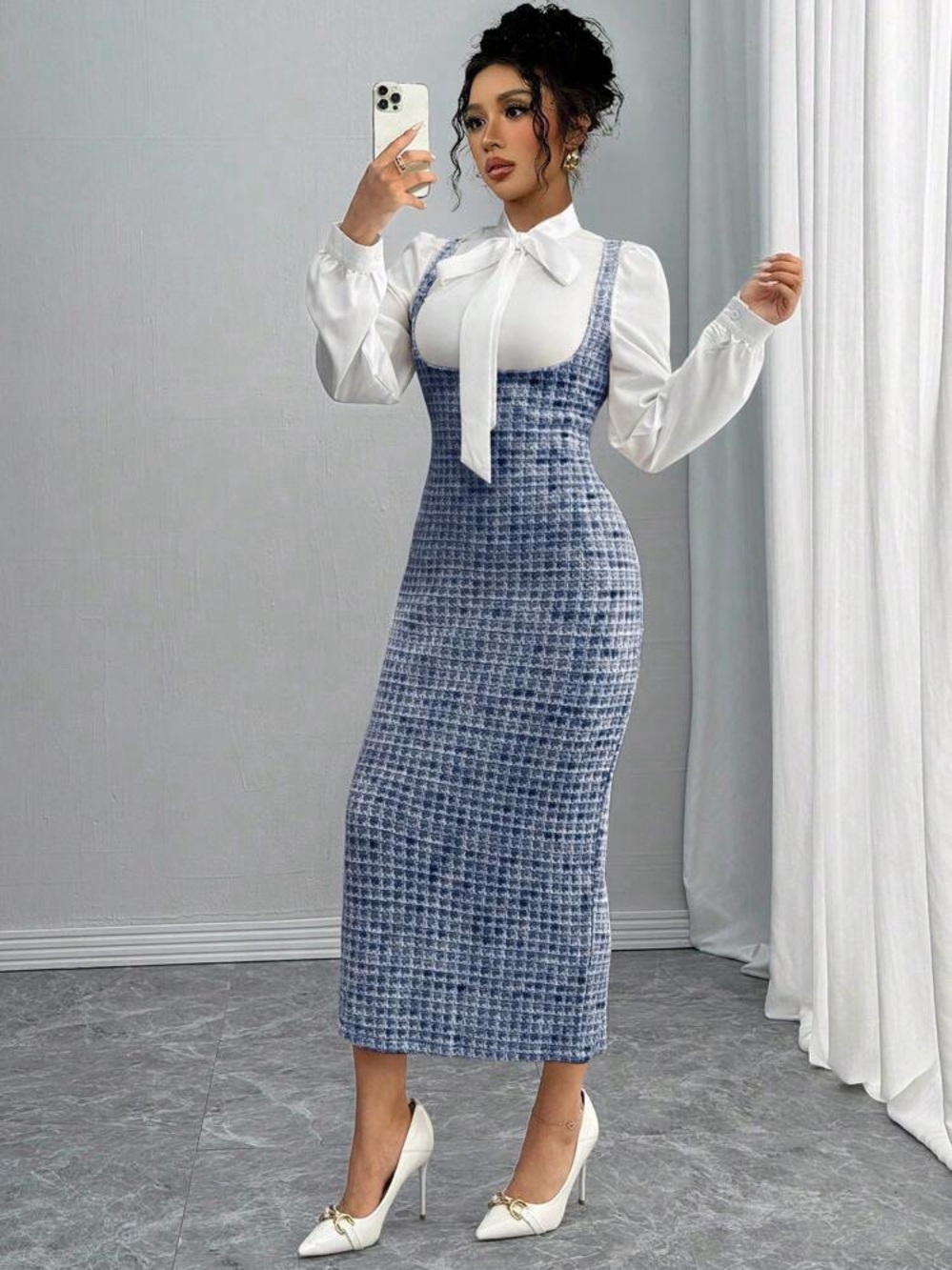 Cream Tie-Neck Blouse with Blue Patterned Midi Pinafore Dress (NEVER WORN)